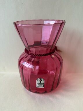Vintage Pilgrim Glass Cranberry Floral Sack Vase With Original Sticker and Tag.